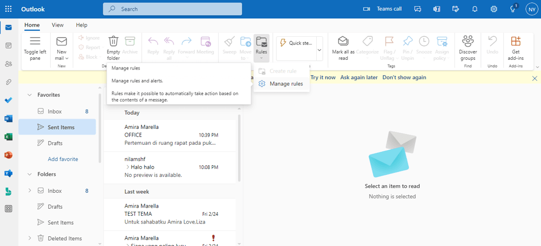 Outlook inbox organised with folders and rules