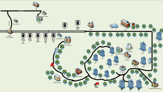 Illustrated route map connecting locations, buildings and transport lines