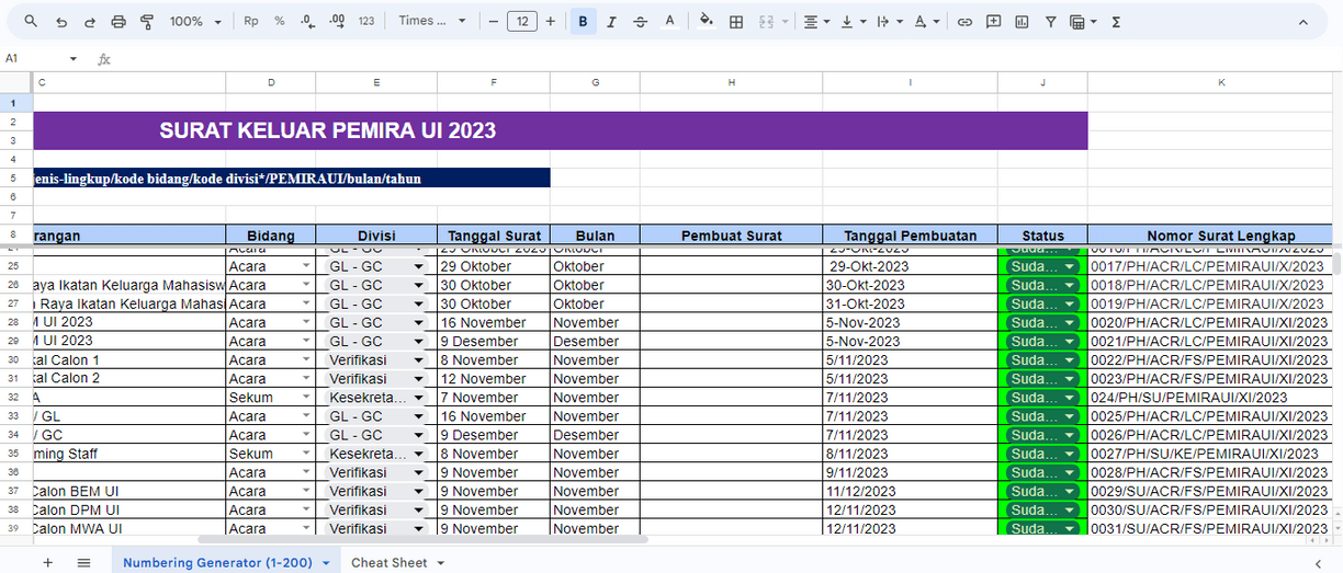 Outgoing-letter register spreadsheet with numbering, dates and status per letter